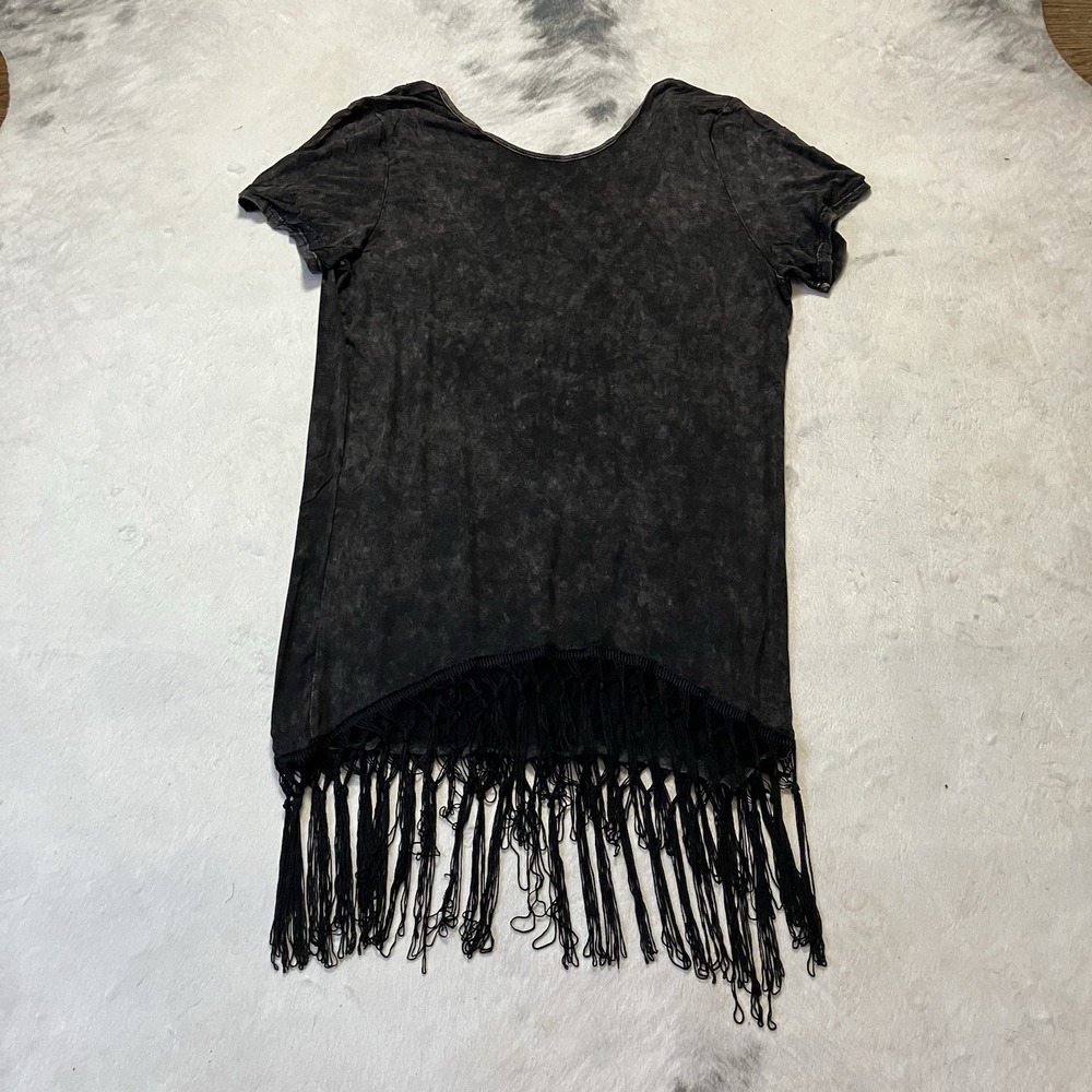Pol Tunic Dress Womens Size Small Black Fringe StretchOpen Crossback
